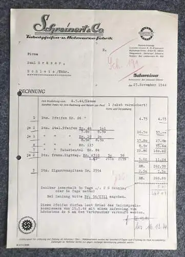Rechnung Schreinert Co Tabakpfeifen Holzwarenfabrik 1944