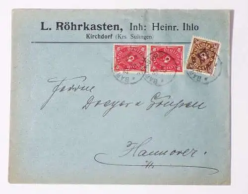 Firmenbrief Röhrkasten Kirchdorf Kreis Sulingen 1923 nach Hannover