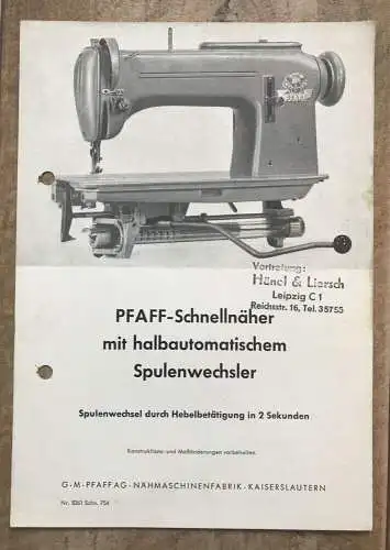 Prospekt PFAFF Schnellnäher mit halbautomatischen Spuelnwechsler Werbeblatt