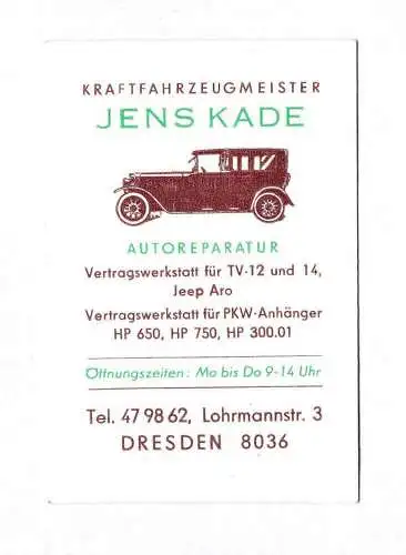 Werbekarte 1987 Kalender Kraftfahrzeugmeister Jens Kade Dresden DDR