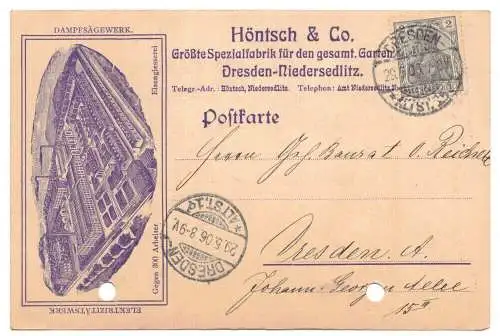 Postkarte Höntsch & Co Dampfsägewerk Gartenbau Dresden Niedersedlitz 1906