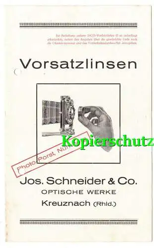 Reklame Prospekt  Vorsatzlinsen Jos. Schneider & Co Kreuznach 1930er