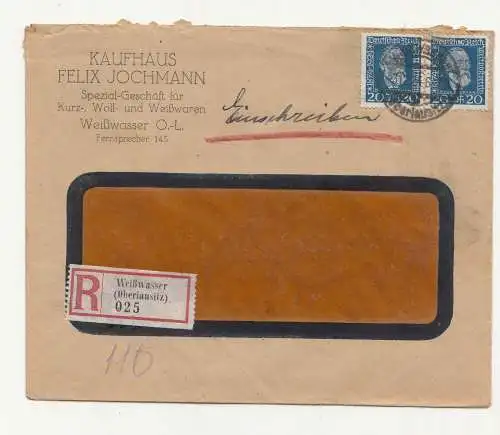 R-Brief Kaufhaus Felix Jochmann Weißwasser Oberlausitz Michel Nr. 369 MeF 1924