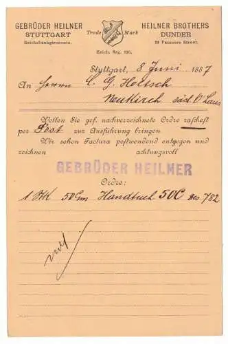 Ganzsache P20 Württemberg Privat Zudruck Gebr.Heilner Stuttgart 1887 (B8