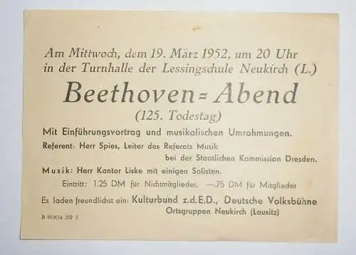 Einladung Beethoven - Abend 1952 Lessingschule Neukirch ! (D7