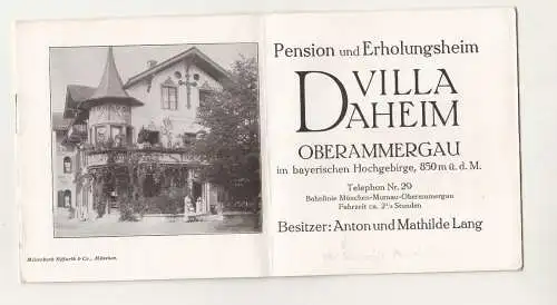 Prospekt Pension & Erholungsheim Villa Daheim Oberammergau um 1930 ! (D8
