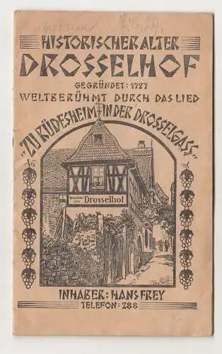 Heft Historischer alter Drosselhof Rüdesheim 1929 Reklame ! (D8