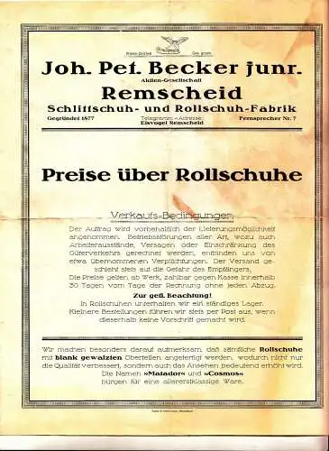 Werbe Prospekt Becker junr. Remscheid Rollschuhe Cosmos Matador um 1920   D7