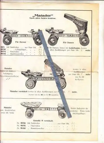 Werbe Prospekt Becker junr. Remscheid Rollschuhe Cosmos Matador um 1920   D7