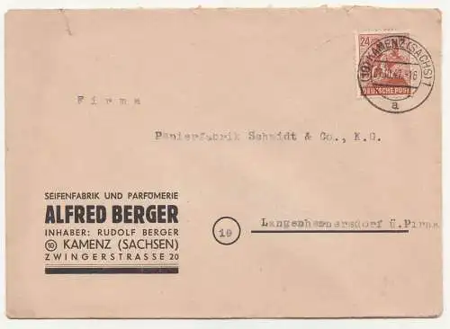 Werbe Brief 1947 Alfred Berger Seifenfabrik Parfümerie Kamenz Sa.  ! (B7