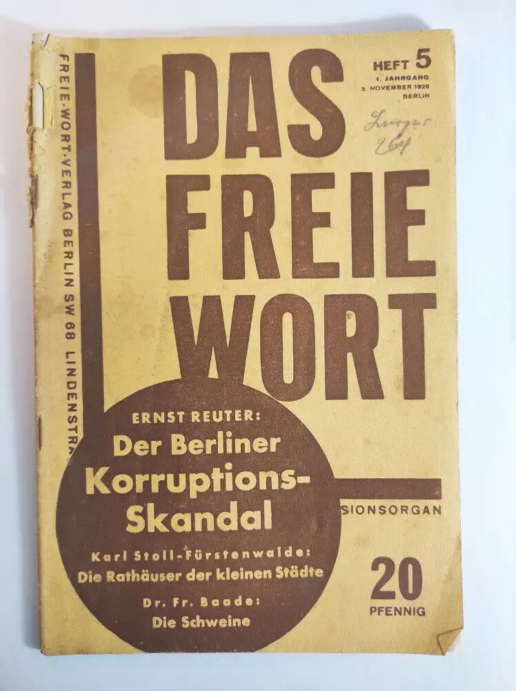 Das freie Wort Heft 5 November 1929 Berliner Korruptionsskandall