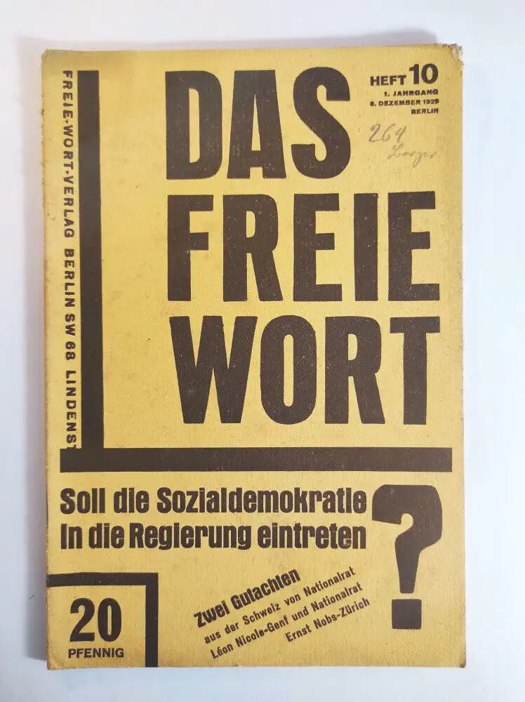 Das freie Wort Heft 10 Dezember 1929 Schweizer Koalition