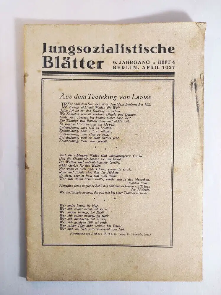 Jungsozialistische Blätter 1927 Aus dem Taoteking von Laotse Heft 4