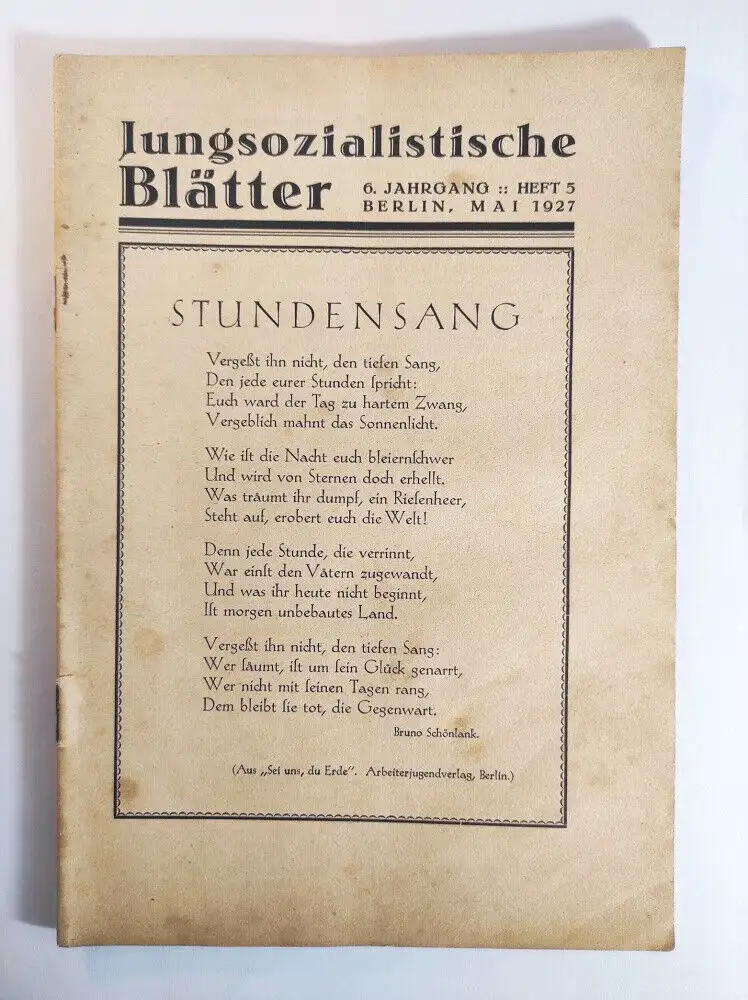 Jungsozialistische Blätter Mai 1927 Heft 5 Stundensang