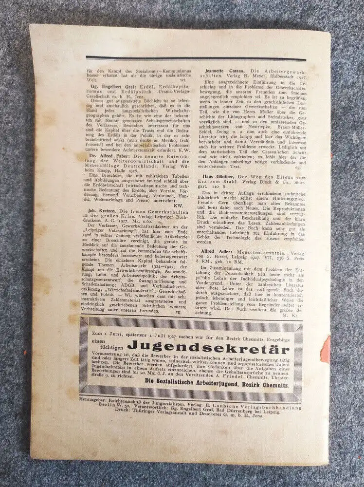 Jungsozialistische Blätter Mai 1927 Heft 5 Stundensang