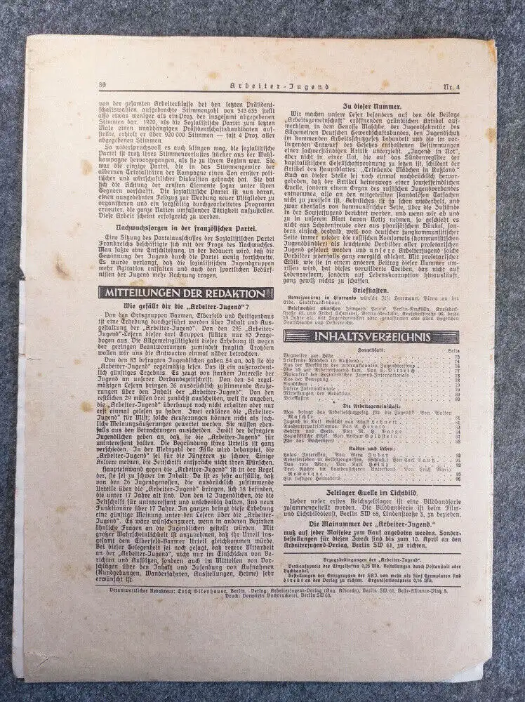 Monatsschrift Arbeiter Jugend 1929 Wegweiser zur Höhe Heft 4