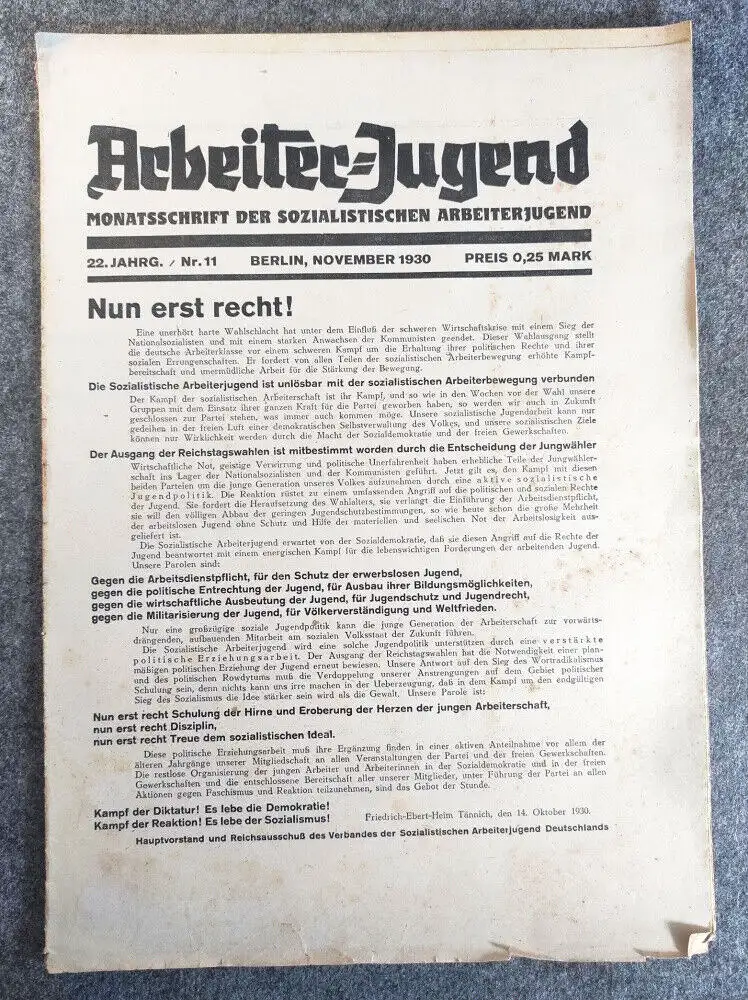 Zeitschrift Arbeiter Jugend 1930 Nr 11 Nun erst recht