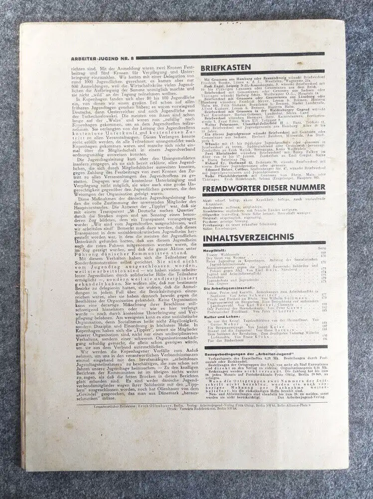Zeitschrift Arbeiter Jugend 22 Jahrgang August 1930 Unsere Wahlparole