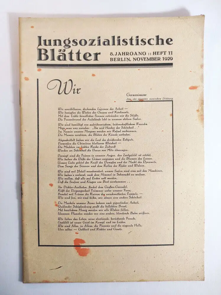 Jung sozialistische Blätter 8 Jahrgang Heft 11 November 1929