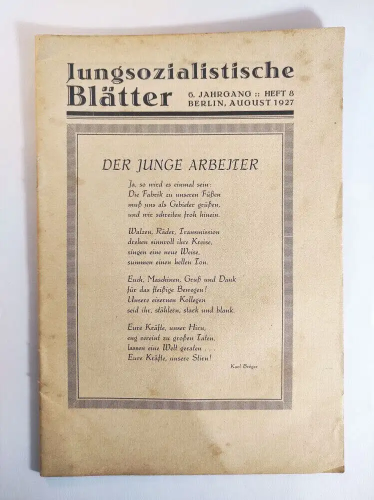 Jungsozialistische Blätter 1927 Der junge Arbeiter Heft 8