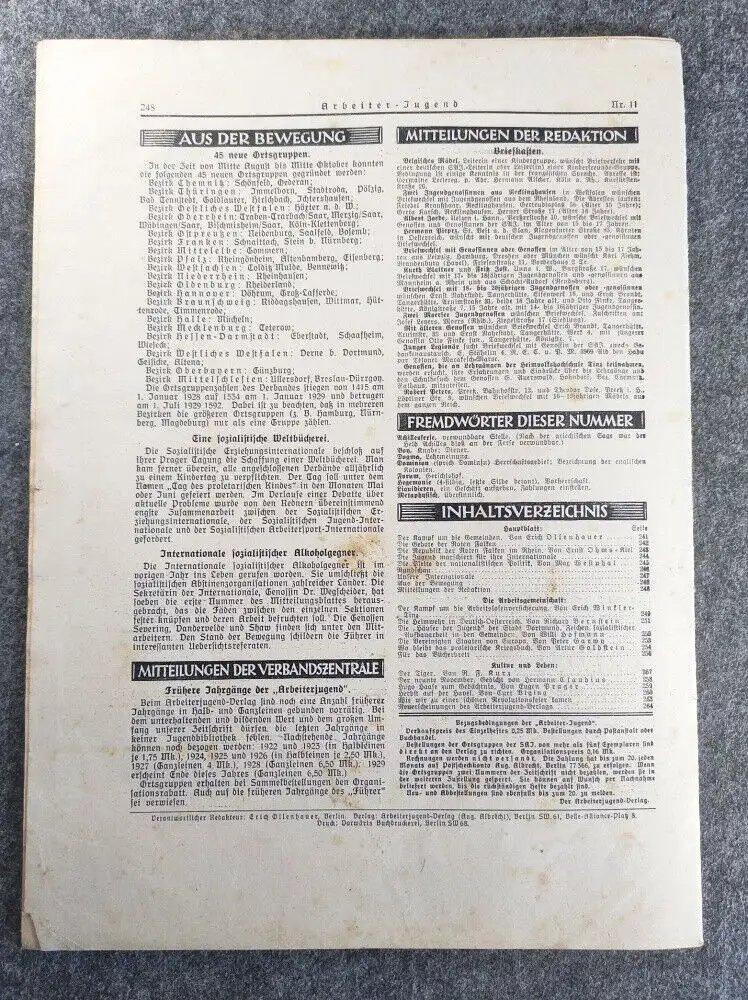 Zeitschrift Arbeiter Jugend 21 Jahrgang Heft 11 Berlin 1929