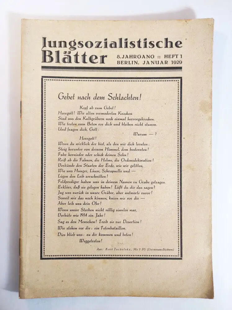 Jungsozialistische Blätter Heft 1 Gebet nach dem Schlachten 1929