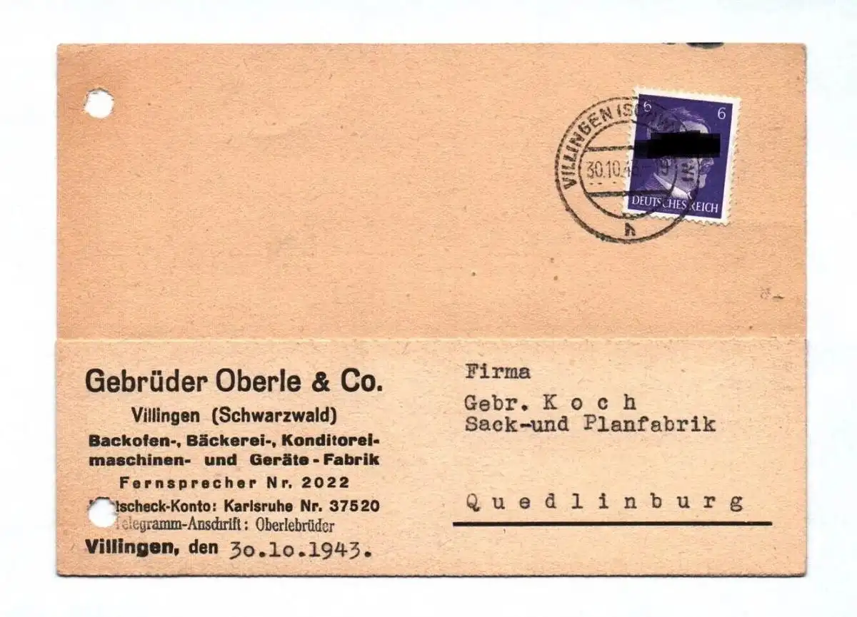 Drucksache Gebrüder Oberle & Co Villingen Schwarzwald 1943