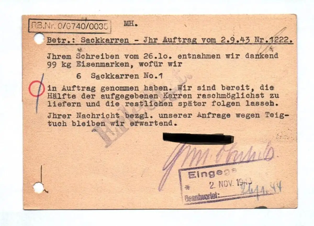 Drucksache Gebrüder Oberle & Co Villingen Schwarzwald 1943