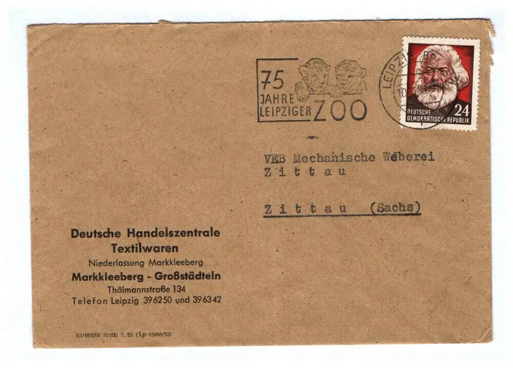 Brief Deutsche Handelszentrale Textilwaren Markkleeberg DDR
