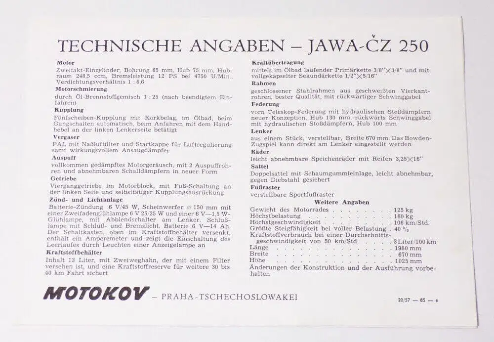 Jawa 250 Werbeblatt 1957 Motorrad Oldtimer 