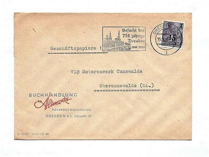 Brief Geschäftspapiere Volksbuchhandlung Altmarkt 1956 Dresden