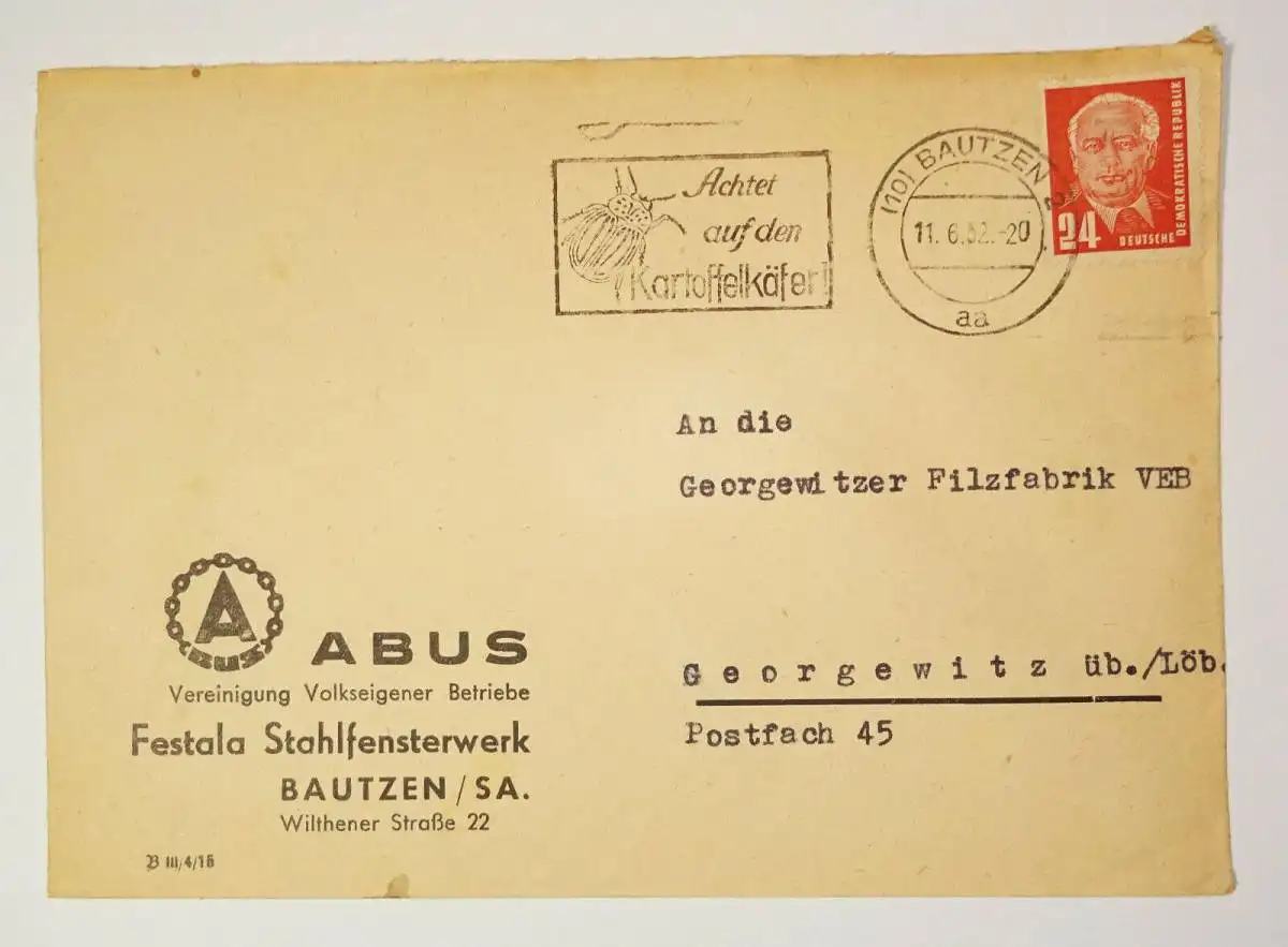 Werbe Brief 1952 Abus Festala Stahlfensterwerk Bautzen  ! (B1