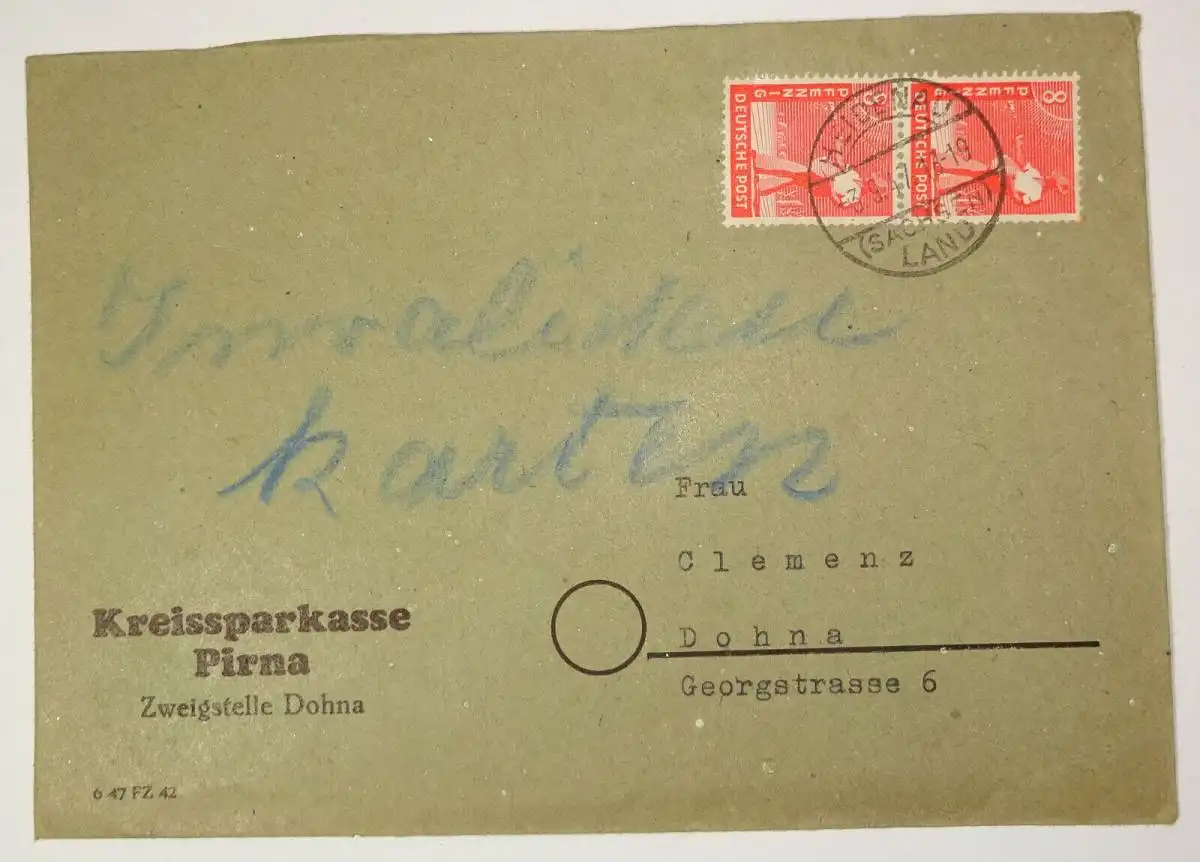 Werbe Brief 1947 Kreissparkasse Pirna Zweigstelle Dohna Besatzung ! (B1