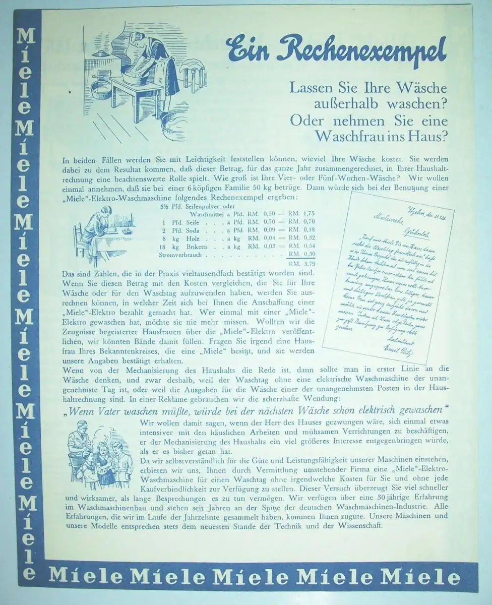 Prospekt Miele Waschmaschinen Gütersloh 1931 Wäschemangel ! (D