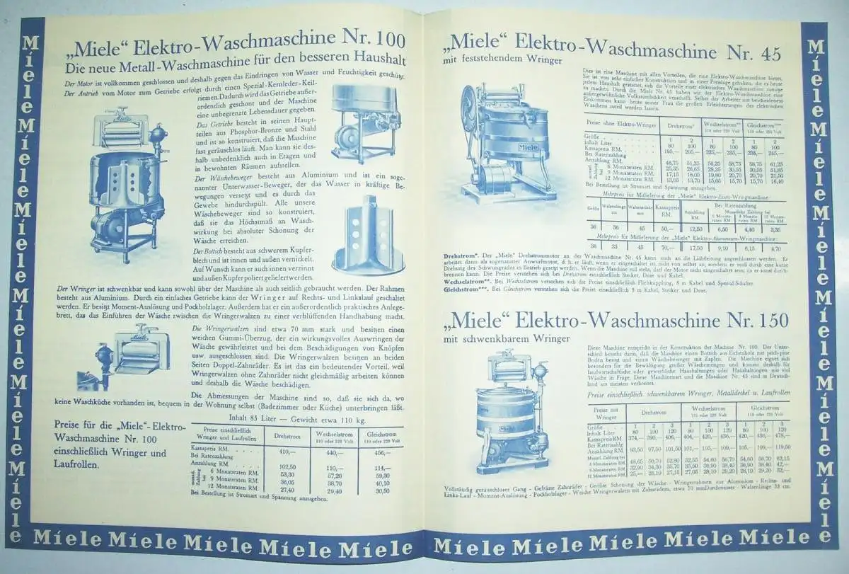 Prospekt Miele Waschmaschinen Gütersloh 1931 Wäschemangel ! (D