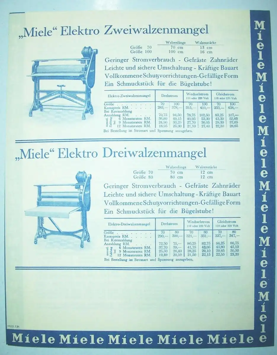 Prospekt Miele Waschmaschinen Gütersloh 1931 Wäschemangel ! (D