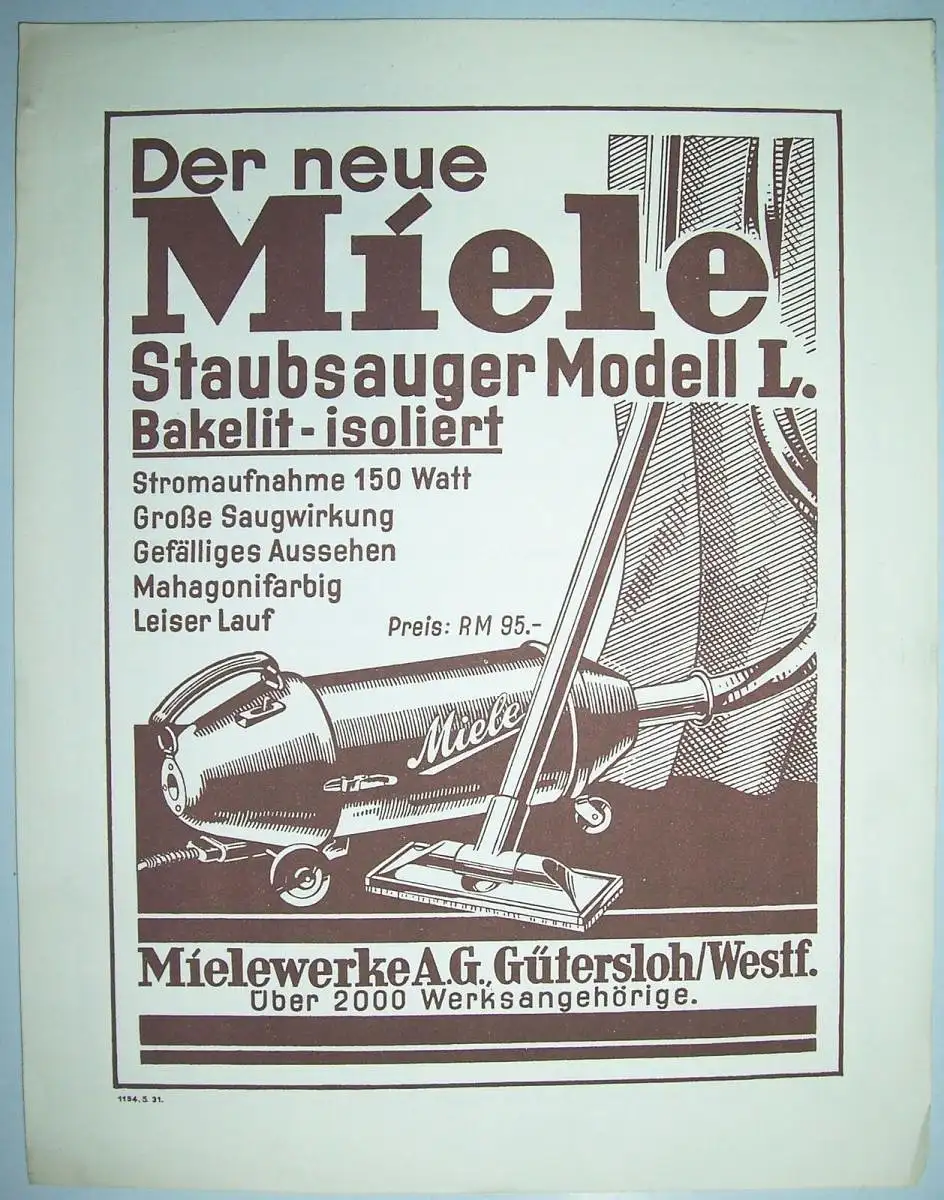 Werbeblatt Miele Staubsauger Modell L 1931 Gütersloh ! (D