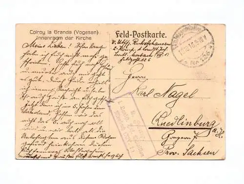 Ak Colroy la Grande Vogesen Innenraum der Kirche 1910 Feldpostkarte