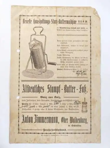 Werbeblatt Neuste Haushaltungs Sturz Buttermaschine Schlesien