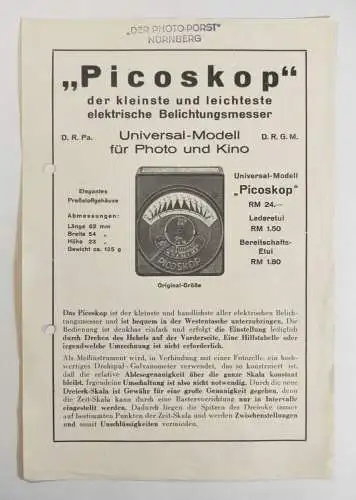Picoskop alter Prospekt Belichtungsmesser Photo Porst Nürnberg