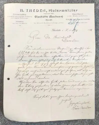 Altes Dokument 1912 Malermeister Glashütte Sachsen