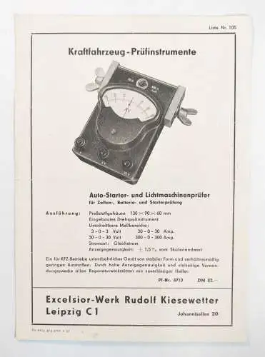 Kraftfahrzeug Prüfinstrumente Werbeblatt Excelsior Werk Leipzig