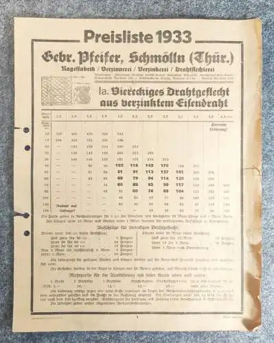 Preisliste 1933 Gebrüder Pfeifer Schmölln Thüringen