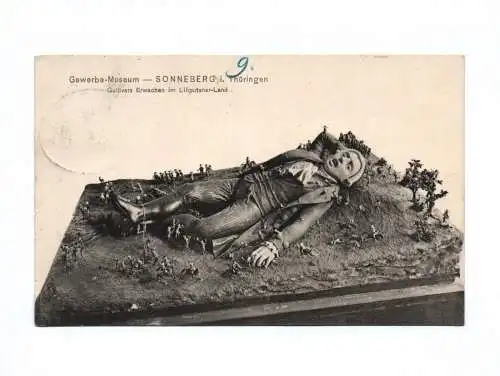 Ak Gewerbemuseum Sonneberg in Thüringen Gullivers Erwachen 1912