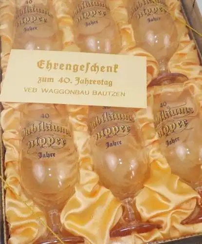 Ehrengeschenk Waggonbau Bautzen 6 Gläser Set Jubiläumsnipper DDR