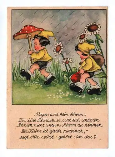 Künstler Ak Margarete Palu Kinder mit Pilz Regen und kein Schirm