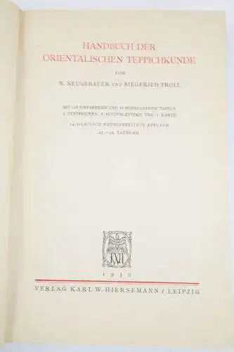 Handbuch der orientalischen Teppichkunde 1930 Teppiche  Buch