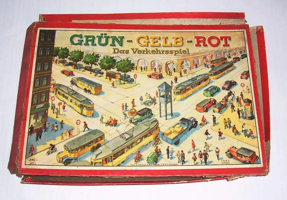 Grün - Gelb - Rot Das Verkehrsspiel ABC Verlag Nürnberg um 1935 mit Zinnfiguren 0