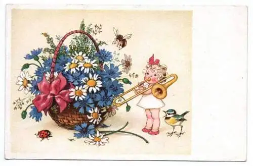 Künstler Ak Mädchen mit Trompete Blumen Blaumeise Fritz Baumgarten