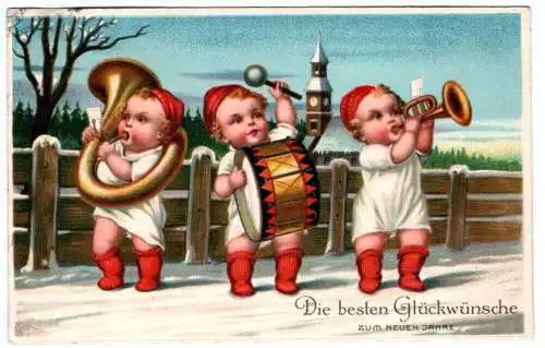 Präge Ak Baby machen Musik 1917 Litho Musikinstrumente Neujahr